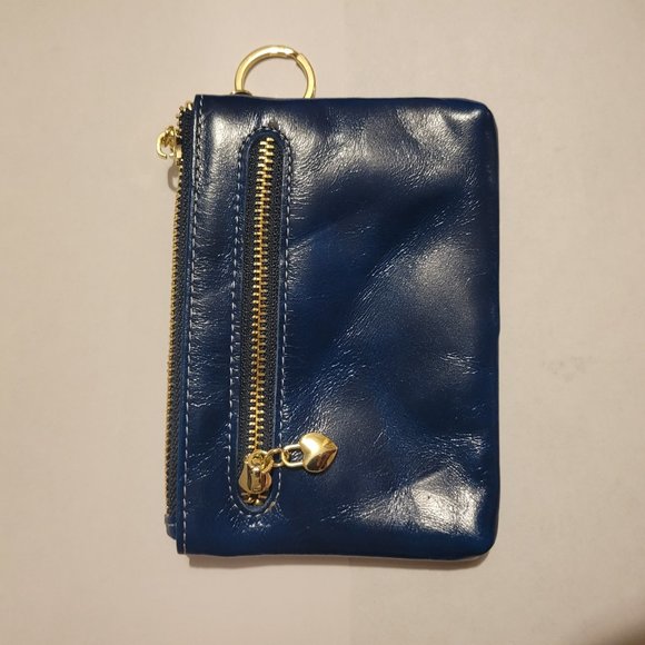 CB Embossed colbalt blue patent leather small 3 zip pouch w/ key chain - Picture 5 of 7